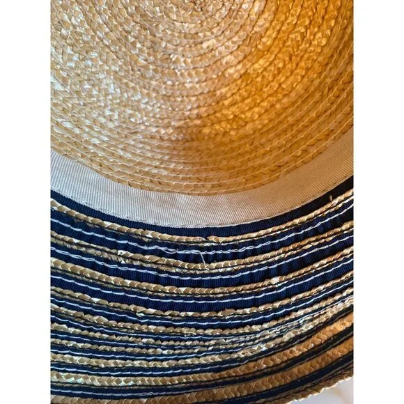 Classic Straw Beach Sun Hat Wide Black Striped Brim One Size - Picture 4 of 5
